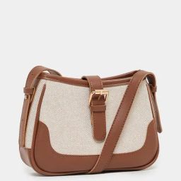 Styli Beige & Brown Color Block Sling Handbag-11