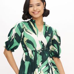 DressBerry Women Abstract Printed Mandarin Collar Puff Sleeve Top-picture-26