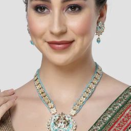 Karatcart Gold-Plated Light Blue Meena Kundan Ranihaar Necklace Set for Women-image-35