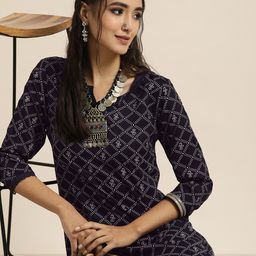 Sangria Women Navy Blue & White Screen Ethnic Motifs Print Kurta with Trousers-picture-35