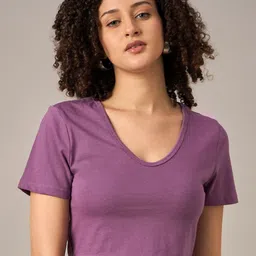 R.Code by The Roadster Lifestyle Co. Women Solid V-Neck Cotton T-shirt-image-65
