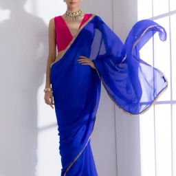 Swtantra Blue Plain Saree With Unstitched Blouse-picture-11