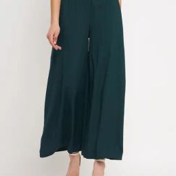 BRINNS Dark Green Flared Fit Mid Rise Palazzos-image-35