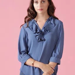 Gipsy Blue Mandarin Collar Roll-Up Sleeves Top-picture-37