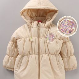 Little Kangaroos Full Sleeves Solid Hooded Quilted Jacket - Beige-image-3