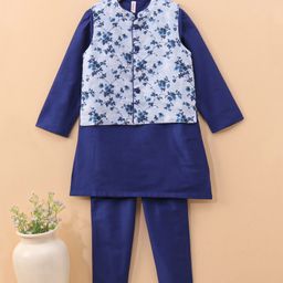 Babyhug Full Sleeves Solid Kurta & Pyjama Set With Floral Printed Jacket - Royal Blue-image-3