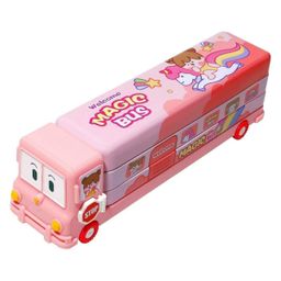 SANJARY Cartoon Printed Metal School Bus Pencil Box With Sharpener & Moving Wheels Pack of 1 (Color May Vary)-14