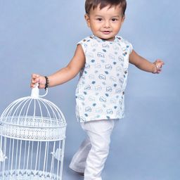 Polka Tots 100% Super Soft Cotton Sleeveless Elephant Print Jhabla And Pant Set - White-image-47