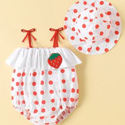 Kookie Kids Sleeveless Onesie with Cap Polka Dots Print with Strawberry Applique - White & Red-image-95