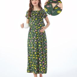 Bella Mama Cotton Knit Half Sleeves Nursing Nighty Floral Print - Green-image-71