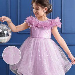 Mark & MiaSleeveless Party Frock with Start Glitter & Pearl Detailing with Floral Corsage - Lavender-image-12