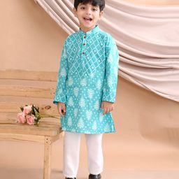 Kinder Kids Full Sleeves Ethnic Motif Designed Kurta With Pajama Set - Blue-image-34