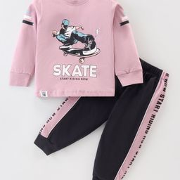 Cucumber Sinker Knit Full Sleeves T-Shirt & Lounge Pant Set with Skate Board Print - Rose Pink-image-19