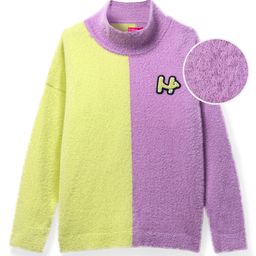Honeyhap Knitted Full Sleeves Pullover High Neck Sweater With Colour Block Design & Chenille Logo - Yellow & Purple-image-93