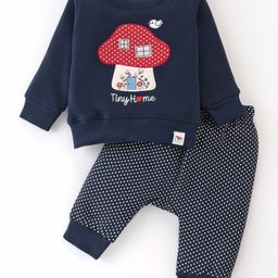 Ollypop Fleece Knit Full Sleeves Winter Wear Suit With Tiny Home Embroidery - New Navy-picture-19