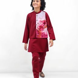 Pine Kids Woven Full Sleeves Solid Color Kurta Pajama Set With Floral Printed Jacket- Dark Red-image-83
