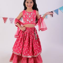Lil Drama Cotton Sleeveless Floral Printed & Embroidered Lehenga Choli With Net Dupatta Set - Red-image-20