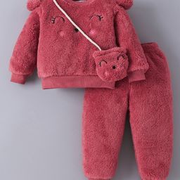 Kookie Kids Full Sleeves Fur Winter Wear Top & Lounge Pant Set With Ear Applique & Sling Bag - Maroon-image-69
