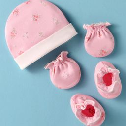 Ben Benny Interlock Knit Cap Mittens And Booties Set with Floral Print Pink - Diameter 10 cm-image-83