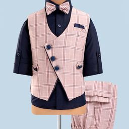 Rikidoos Full Sleeves Solid Shirt With Checked Waistcoat Pant & Bow Set - Peach & Navy Blue-picture-19