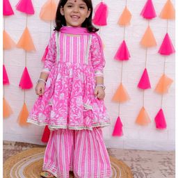 AATYA by Shruti Agarwal Cotton Three Fourth Sleeves Floral Printed & Lace Embellished Kurta Sharara With Dupatta Set - Pink-image-52