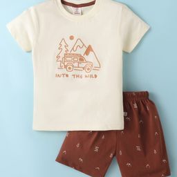 Mini Donuts Sinker Knit Half Sleeves T-Shirt & Shorts Set with Safari Theme Print - Brown-image-24