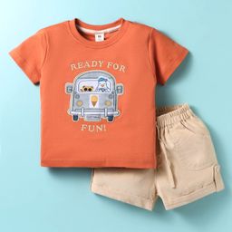 ToffyHouse Knitted Woven Half Sleeves T-Shirt & Shorts Set with Vehicle Print - Orange & Tan-image-127
