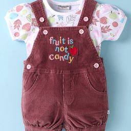 Wonderchild Typography Embroidered Dungaree With Half Puffed Sleeves Fruits Printed Top - Wine & White-picture-6