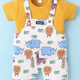 WOW Clothes Interlock Knit Dungaree & Half Sleeves T-Shirt With Animal Print - White & Gold-image-3