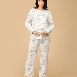 The Mom Store Cotton Knit Half Sleeves Leaves Printed Maternity Top With Coordinating Pajama Set With Nursing Access - Multi Colour-picture-16