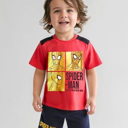 Babyhug Marvel Single Jersey Knit Half Sleeves T-Shirt & Shorts Set with Spider Man Graphics & Foil Detailing - Red & Black-image-95