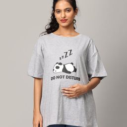 The Mom Store Half Sleeves Do Not Disturb Text Printed Oversized Maternity Tee - Grey-image-61