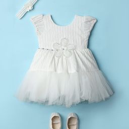 Enfance Half Puffed Sleeves Floral Applique Textured Knee Length Dress With Headband & Booties - White-picture-26