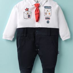 Mini Taurus Interlock Knit Full Sleeves Footed Romper with Tie & Print - Charcoal Navy Blue & White-image-71