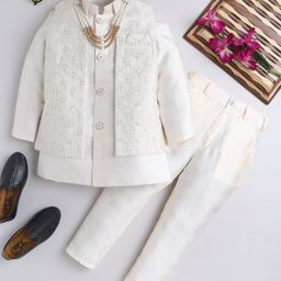 Ahhaaaa Silk Blend Full Sleeves Solid Kurta Pant With Threadwork Detailed Jacket Set - Cream-image-118