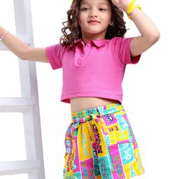 OLLINGTON ST. Cotton Popcorn Half Sleeves Top & Printed Knit Shorts Set with Belt - Pink & Multicolor-image-90