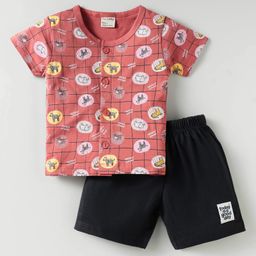 CUCUMBER Sinker Knit Half Sleeves Shorts Night Suit With Animal Print - Pink-image-10