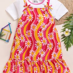 Little Marine Cotton Blend Knit Floral Printed Pinafore Dress With Half Sleeves Solid Inner Tee - Multi Colour-image-63