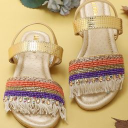 LIL PITAARA Beads Embellished Zari Sandals - Gold-image-4