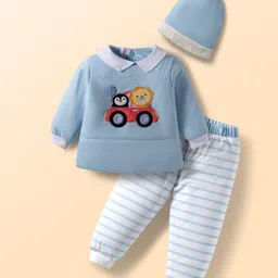 Babyhug Knit Full Sleeves Winter Wear T-Shirt & Lounge Pant Set With Cap Stripes & Car Print - Light Blue-picture-11