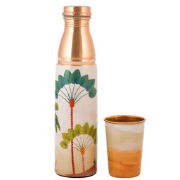 oggn White & Green Set of 2 Copper Printed Water Bottle-0