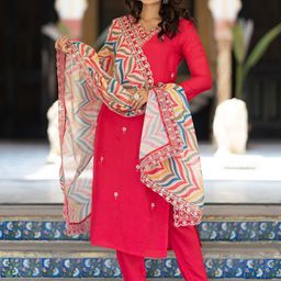 NIZA FASHION Floral Embroidered V-Neck Sequinned Pure Silk Kurta With Trousers & Dupatta-37