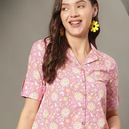 JANAKDULARI CREATION Floral Print Roll-Up Sleeves Cotton Shirt Style Crop Top-image-72