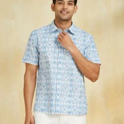 Fabindia White & Blue Cotton Straight Fit Printed Shirt-image-86