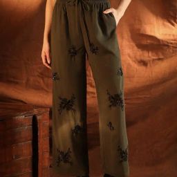 Kazo Olive Relaxed Fit Embellished Pants-image-99