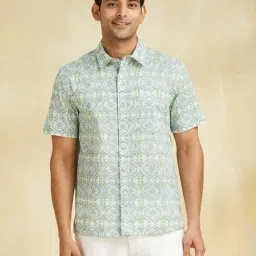 Fabindia White & Green Cotton Straight Fit Printed Shirt-image-72