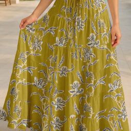 Moomaya Olive Regular Fit Floral Skirt with Pockets-picture-35