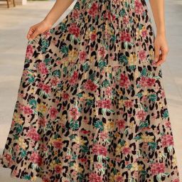 Moomaya Beige Regular Fit Floral Skirt with Pockets-picture-40