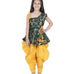 BownBee Kids Green & Yellow Printed Peplum with Dhoti-12