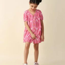 Fabindia Kids Pink Printed Dress-image-79